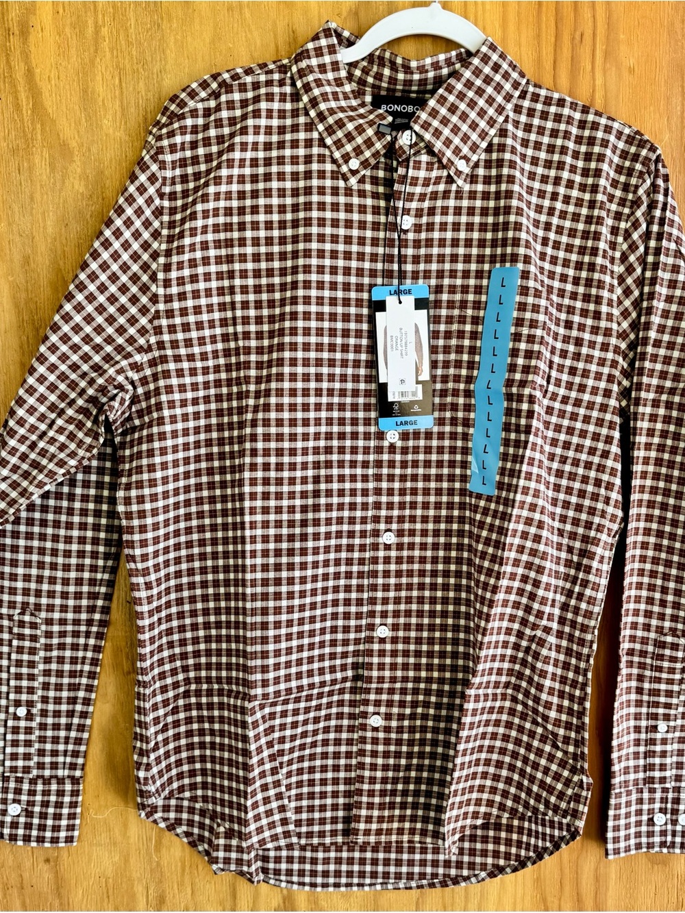NWT Bonobos Men’s Large Brown White Check Plaid Button Down Shirt Long Sleeve - Picture 2 of 5